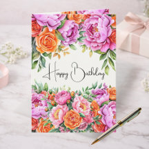 Elegant Pink Peonies Floral Happy Birthday Card