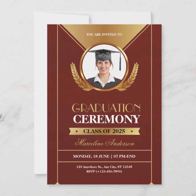 Carte Elegant Red Gold Graduation Ceremony Invite (Devant)