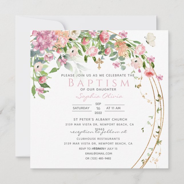 Carte Elégant rose Aquarelle Floral Girl Baptism (Devant)