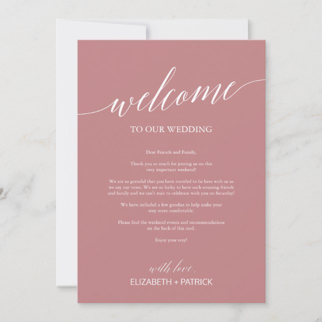 Carte Élégant Rose Dusty Bienvenue Lettre & Itinéraire (Devant)