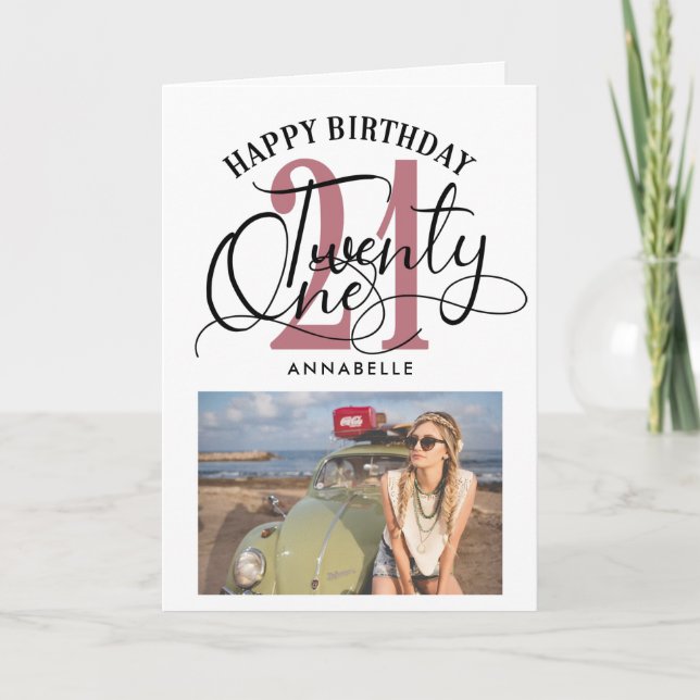 Carte Elégant Rose Gold & Black Photo 21e anniversaire (Devant)