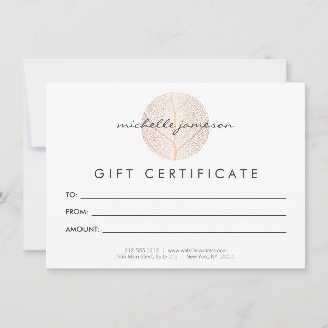 Carte Élégant Rose Gold Leaf Logo Certificat cadeau (Devant)