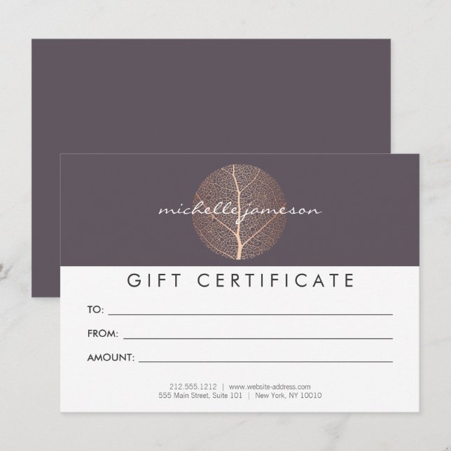 Carte Élégant Rose Gold Leaf Purple Certificat Cadeau (Devant / Derrière)