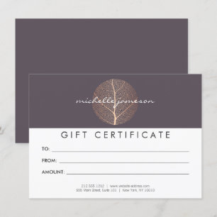 Carte Élégant Rose Gold Leaf Purple Certificat Cadeau