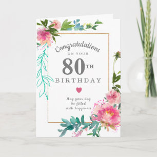 Carte Elégant rose Peony Floral 80e anniversaire