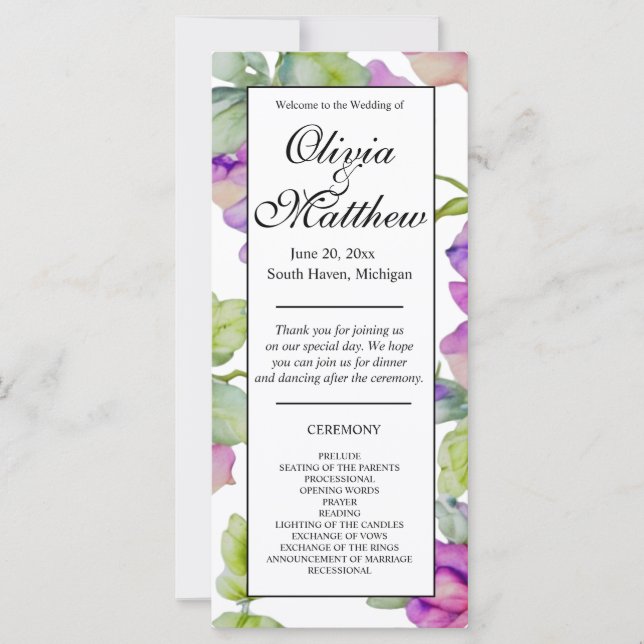 Carte Elégant rose violet aquarelle Mariage floral (Devant)