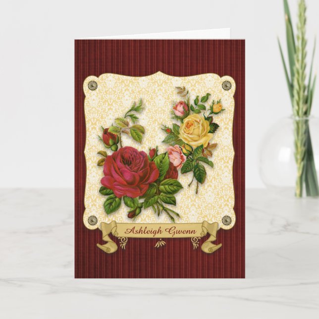 Carte Élégant Roses rouges jaunes Damas Coupes Vintages (Devant)