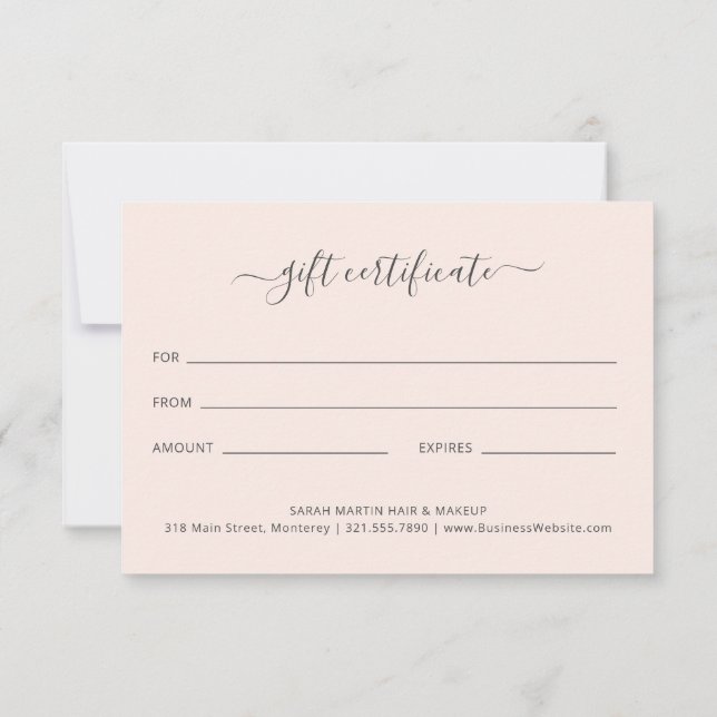 Carte Élégant salon de beauté Blush Pink Certificat cade (Dos)