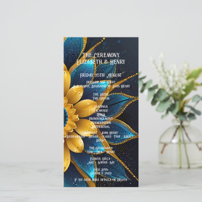 Carte Élégant Sapphire et Mariage Floral Or (Debout devant)