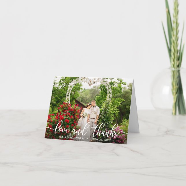Carte Élégant Script Love and Thanks Mariage Photo Note (Devant)