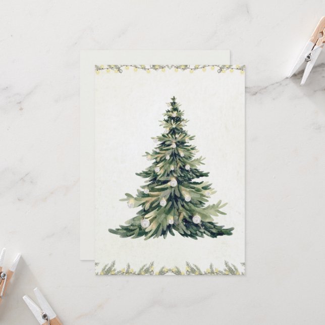 Carte Elegant Script Non Photo Christmas Tree Watercolor (Devant/Arrière en situation)