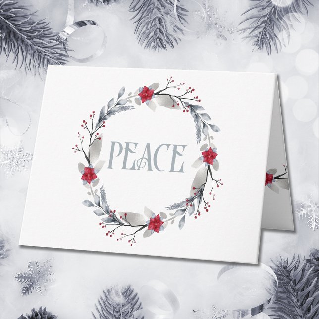 Carte Élégant Silver Red Wreath Festive (Front)
