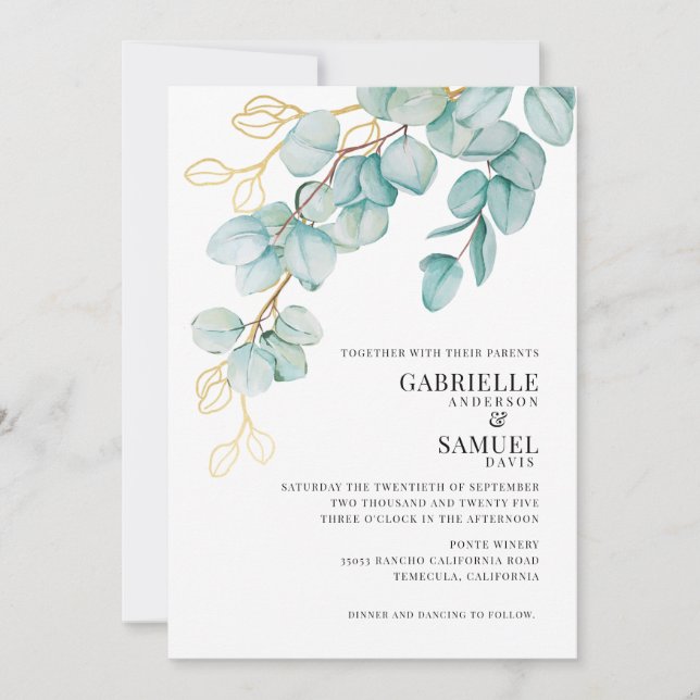 Carte Elégant Turquoise et Gold Eucalyptus Mariage Invit (Devant)