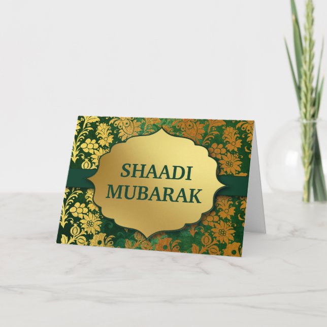 Carte Elegant Vert et Or Floral Shaadi Mubarak (Devant)
