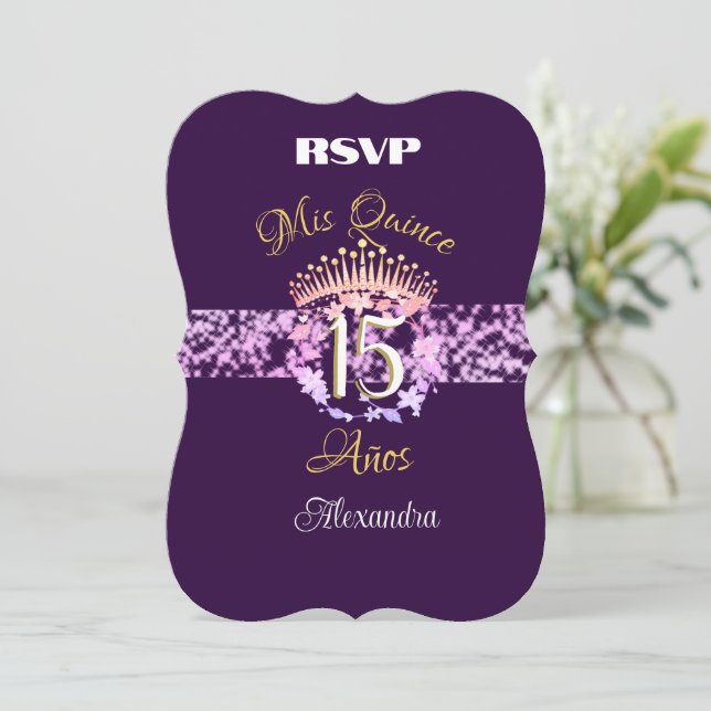 Carte Elégant violet et or Quinceañera espagnol (Debout devant)