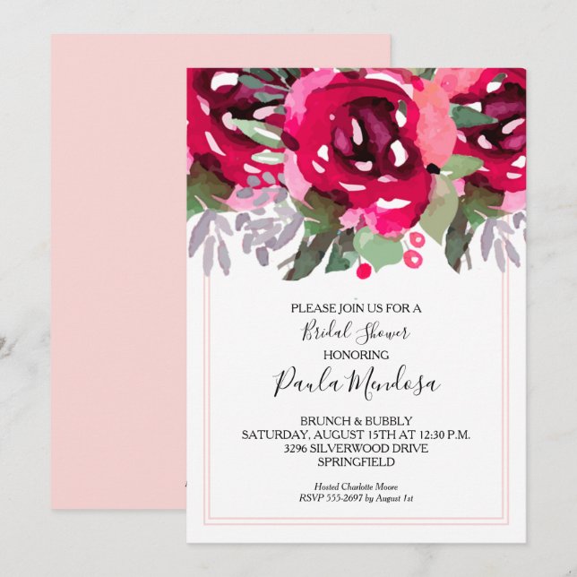 Carte Elégante aquarelle Floral Douche nuptiale Invitati (Devant / Derrière)