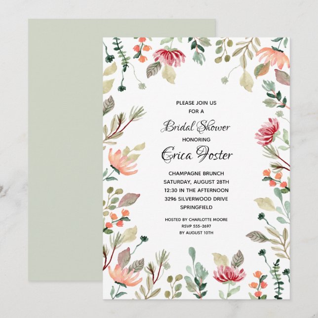 Carte Elégante aquarelle Floral Douche nuptiale Invitati (Devant / Derrière)