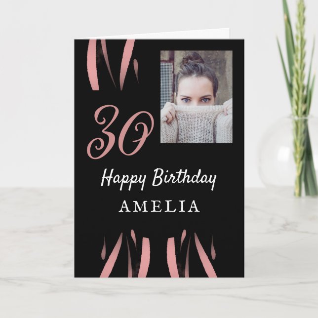 Carte Elégante aquarelle noire rose 30e anniversaire Pho (Devant)