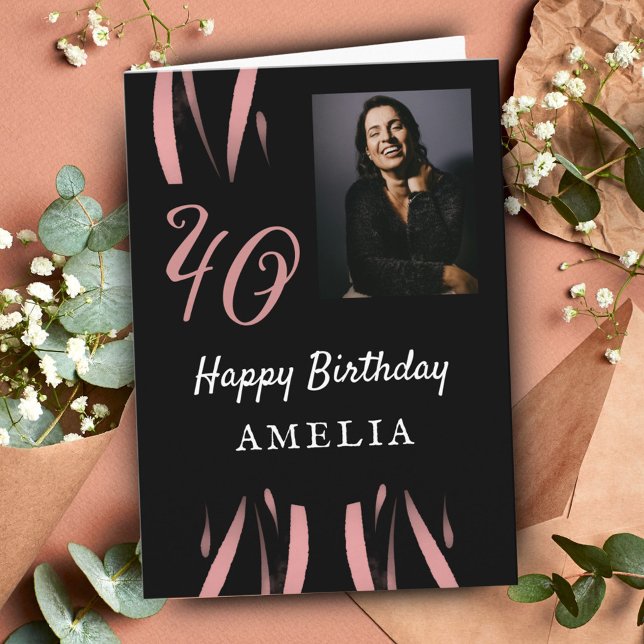 Carte Elégante aquarelle noire rose 40e anniversaire Pho (Créateur téléchargé)