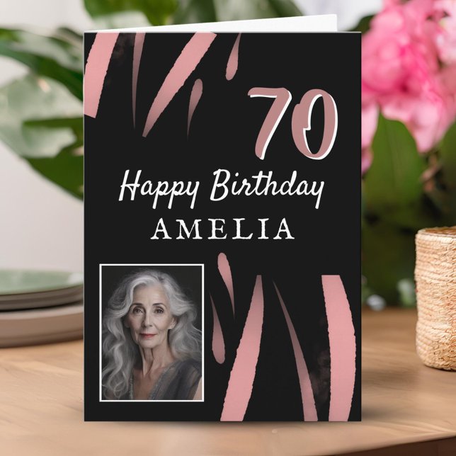 Carte Elégante aquarelle noire rose 70e anniversaire Pho (Créateur téléchargé)