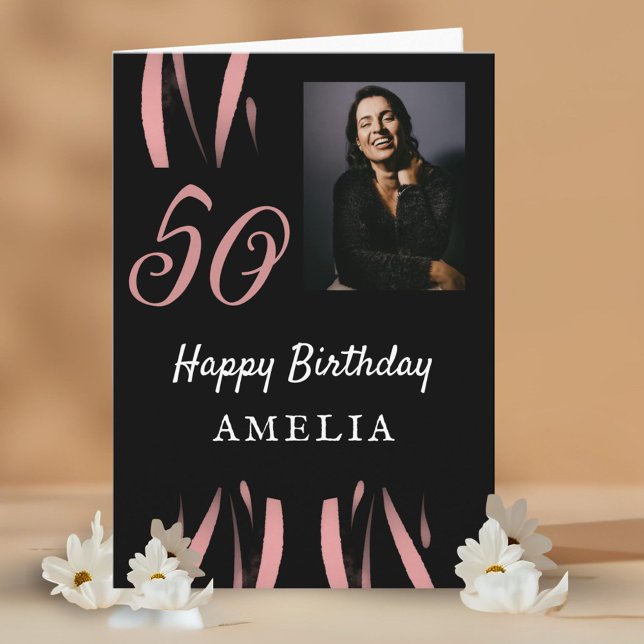 Carte Elégante aquarelle rose noire 50e anniversaire Pho (Créateur téléchargé)