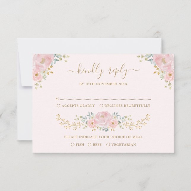 Carte Elégante Aquarelle rose or Noir Floral Mariage RSV (Devant)