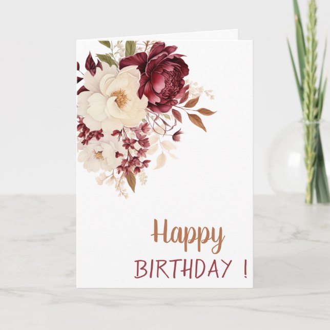 Carte Elégante Bourgogne Fleurs blanches Roses Anniversa (Devant)