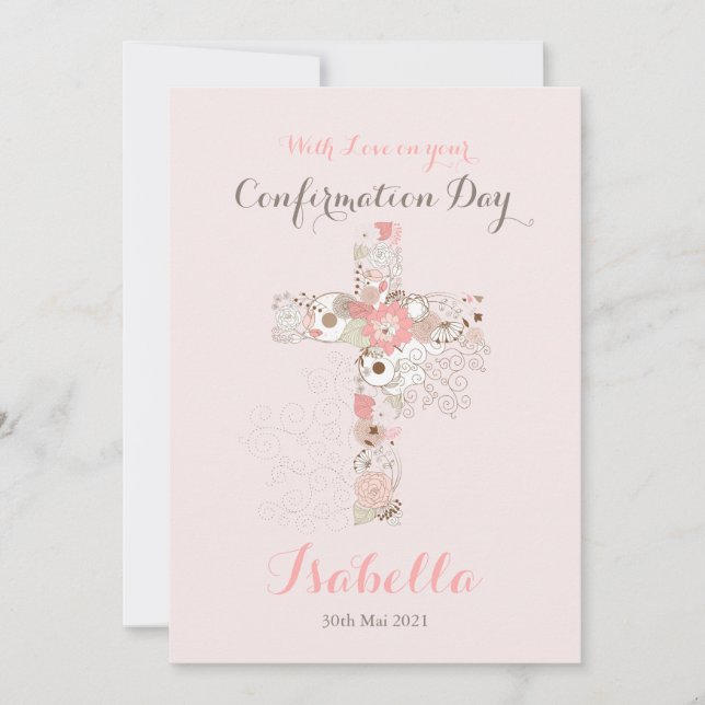 Carte Elégante confirmation rose pâle nom croisé floral (Devant)