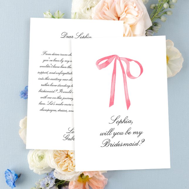 Carte Elégante Coquette Pink Ribbon Bow Bridesmaid Card (Elegant Pink Ribbon Bridesmaid card)