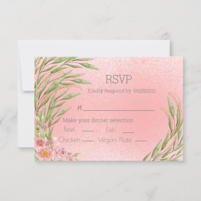 Carte Elégante couleur rose pâle vert floral RSVP (Devant)