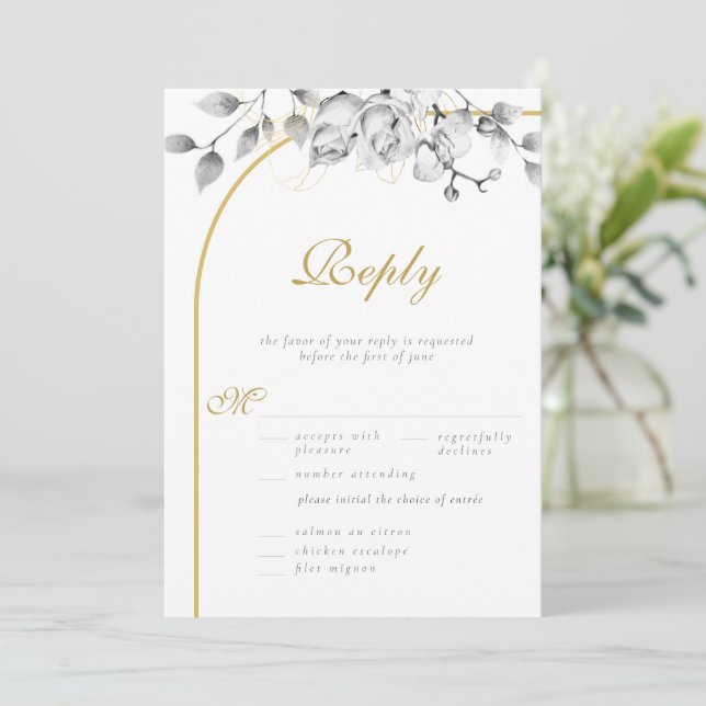 Carte Élégante couronne florale Black White Mariage Repa (Debout devant)
