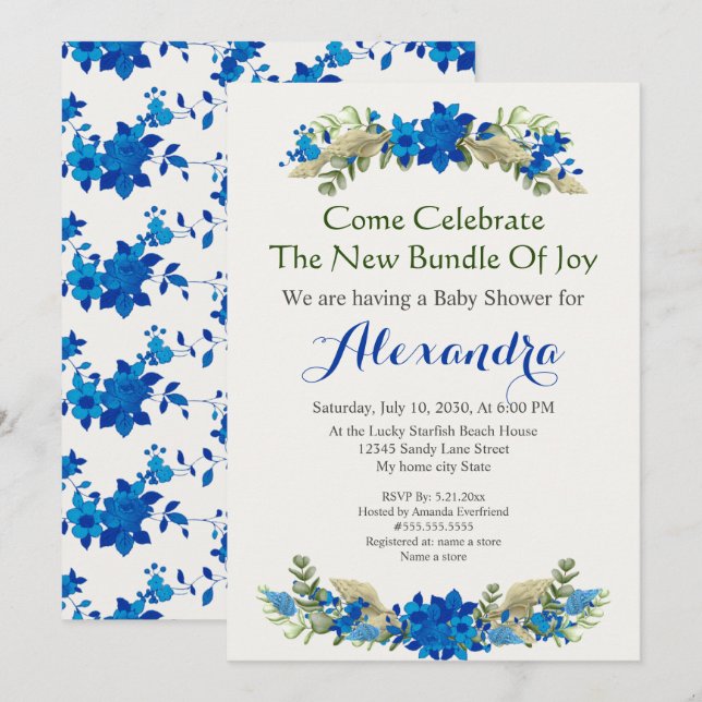 Carte Elégante Crème Coques Garçon bleu Baby shower flor (Devant / Derrière)