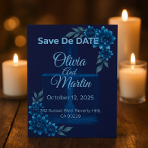 Carte Élégante de Mariage Bleue Fleurie pour Sauve