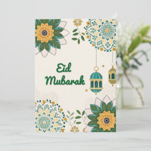 Carte élégante d'Eid Mubarak avec lanternes et mot