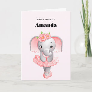 Carte Élégante éléphante ballerine rose et grise Anniver