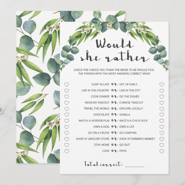 Carte Élégante Eucalyptus Wreath Bridal Voudrait-Elle Pl (Devant / Derrière)