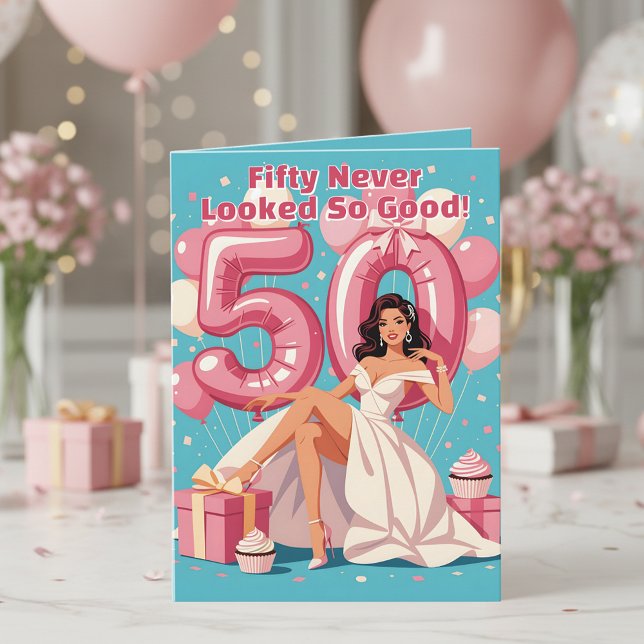 Carte Élégante femme glamour 50e anniversaire Salutation (Créateur téléchargé)