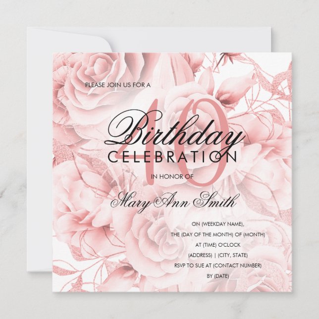 Carte Elégante fête du 40e anniversaire Floral Rose Gold (Devant)