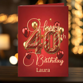 Carte Elégante fête du 40e anniversaire rouge et or