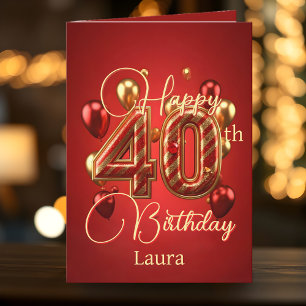 Carte Elégante fête du 40e anniversaire rouge et or