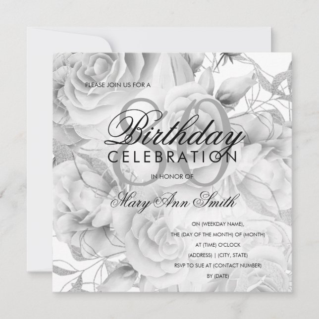 Carte Elégante fête du 80e anniversaire Floral Argent bl (Devant)