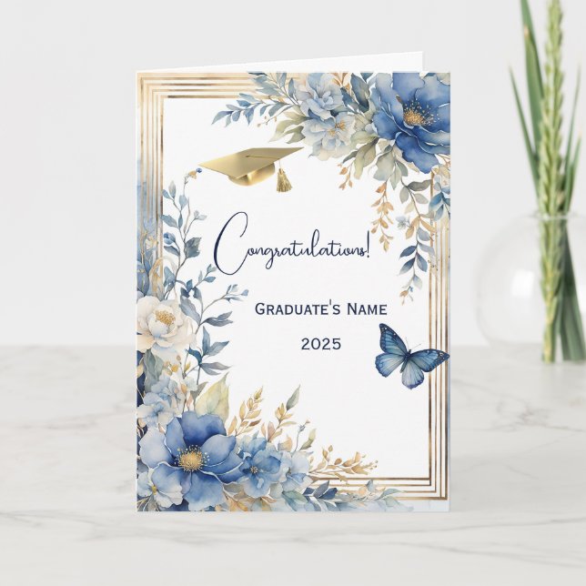 Carte Elégante Fleur Beige Bleu Personnalisée Graduation (Devant)