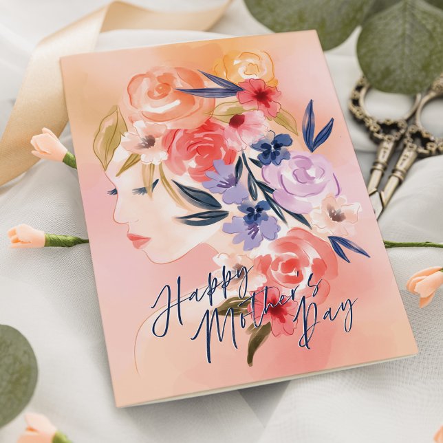 Carte Elégante Floral Woman Aquarelle Bonne fête des mèr (Elegant Floral Woman Watercolor Happy Mother's Day Card)