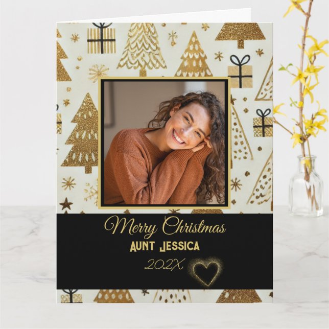 Carte Élégante Joyeuse Tante de Noël noir et or photo (Fleur jaune)