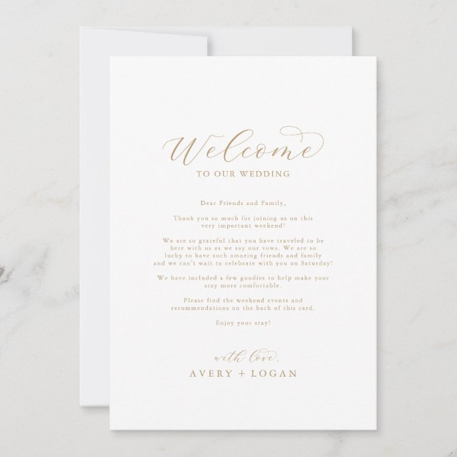 Carte Élégante lettre de bienvenue Mariage or & Itinérai (Devant)