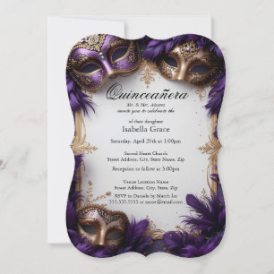 Carte Elégante Masquerade Quinceañera en violet et or