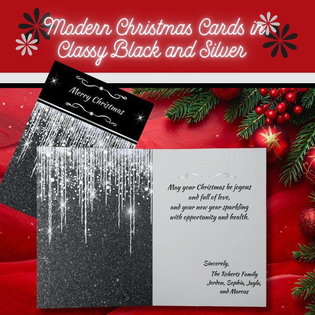 Carte Elegante note de script à paillettes noire et arge (Elegant 5" x 7" sparkly silver and black Christmas cards with personalized greeting and message)