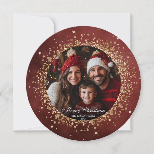 Carte Elégante Parties scintillant Rouge or Noël Famille (Devant)