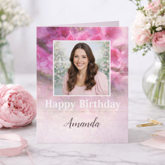 Carte Élégante Photo Fleur Rose Anniversaire pour Elle