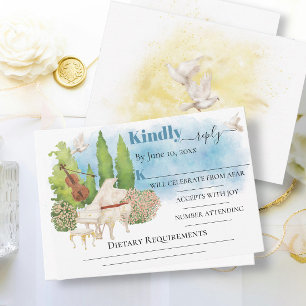 Carte Elégante Piano Violon fleurs colombes Mariage RSVP